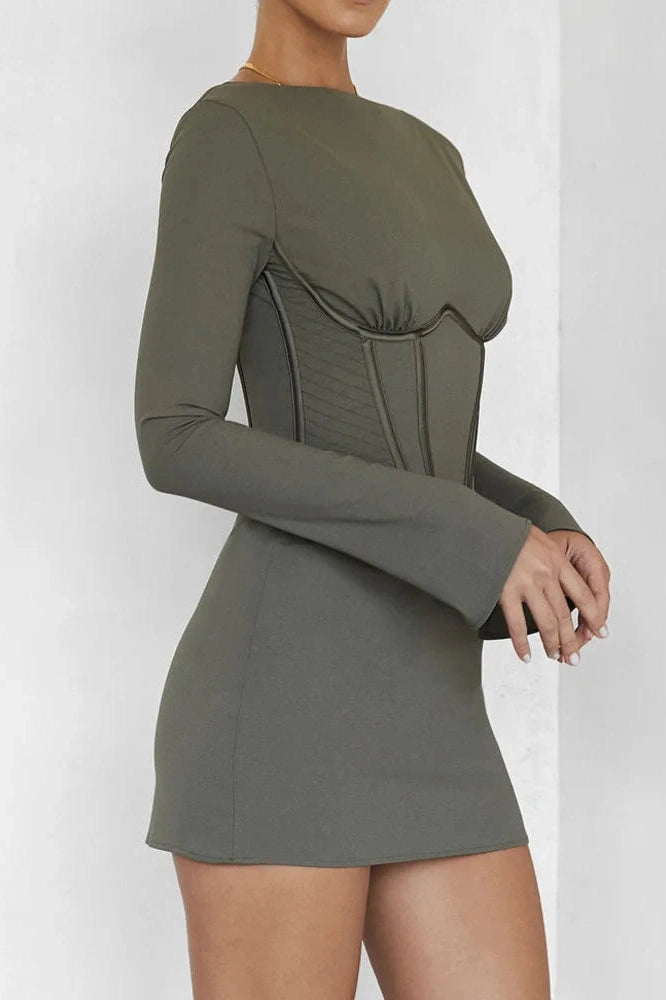 Glorol - Full Sleeve O Neck Corset Backless Bodycon Mini Dress