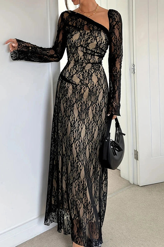 Glorol - Flare Sleeve Pleated Slim Slash Collar Lace Embroidery Maxi Dress