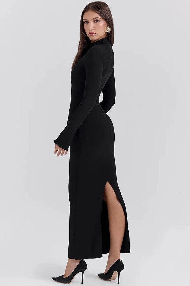 Glorol - Long Sleeve O-Neck Split Bodycon Maxi Dress