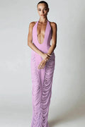 Glorol - Deep V Neck Patchwork Mesh High Waist Maxi Dress
