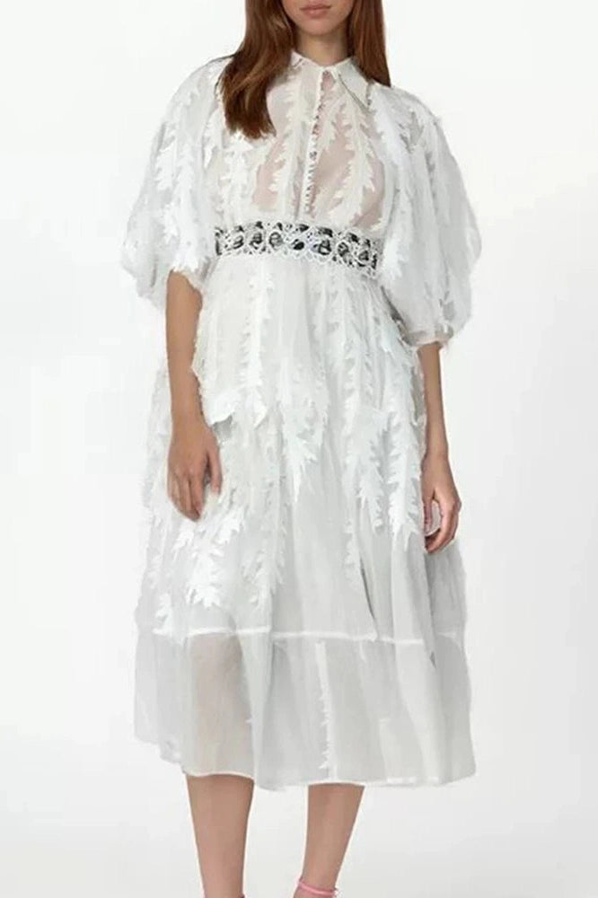 Glorol - Elegant Loose Puff Sleeve High Waist Midi Dress