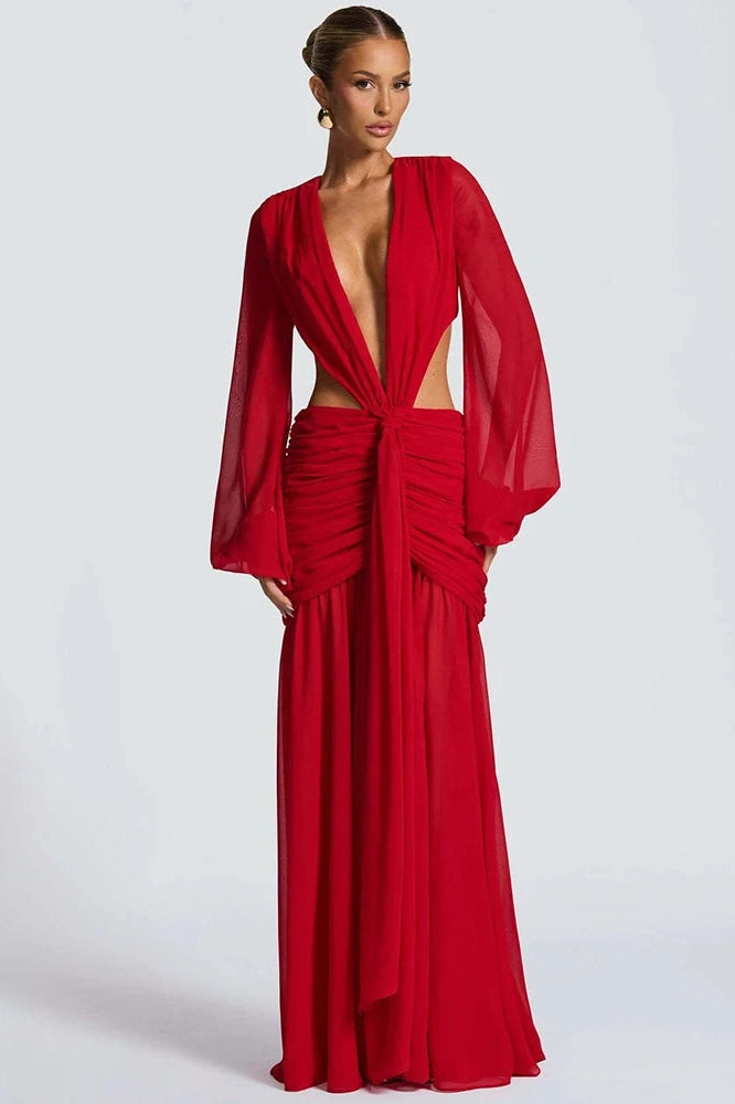 Glorol - Hollow Out Printed Long Sleeve Backless Bodycon Maxi Dress