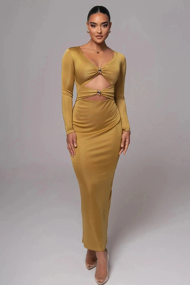 Glorol - Long Sleeve V Neck Back Split Bodycon Maxi Dress