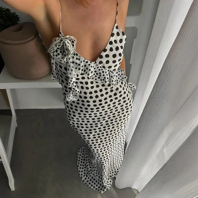 V Neck Printed Spaghetti Strap Slim Maxi Dress