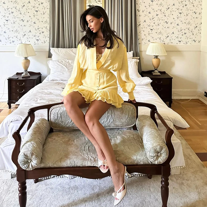 Glorol - Deep V Neck Loose Lantern Sleeve Irregular Mini Dress