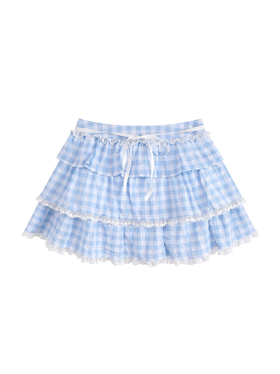 Glorol - A Line Plaid Print Tie-Up Waist Skirt