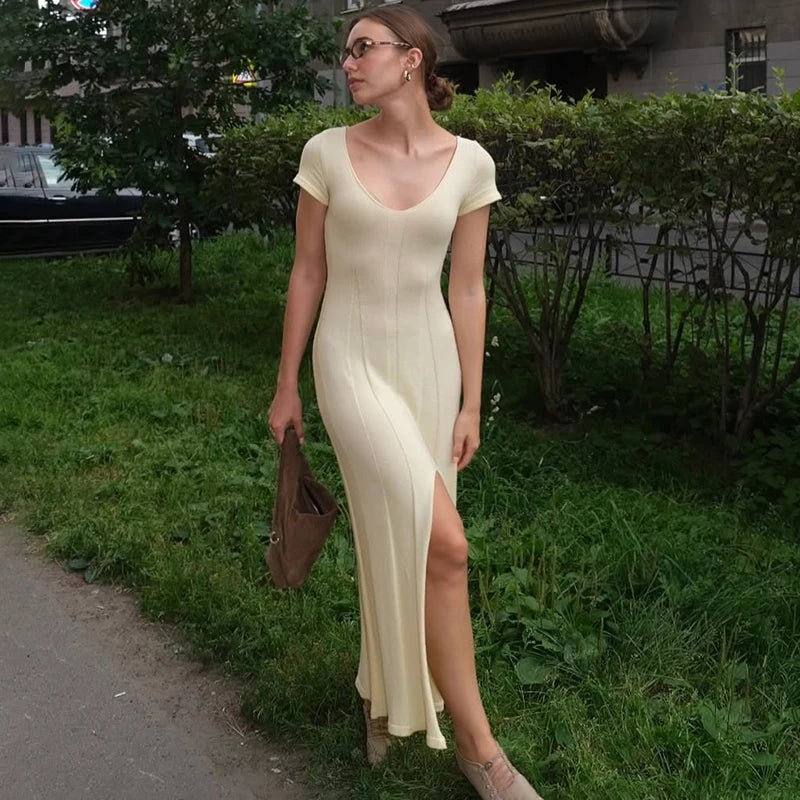 Glorol - Knitted V-Neck Slit Short Sleeve Slim Maxi Dress