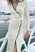Glorol - Patchwork Knit Slim Lace-Up High Waist Split Midi Dress