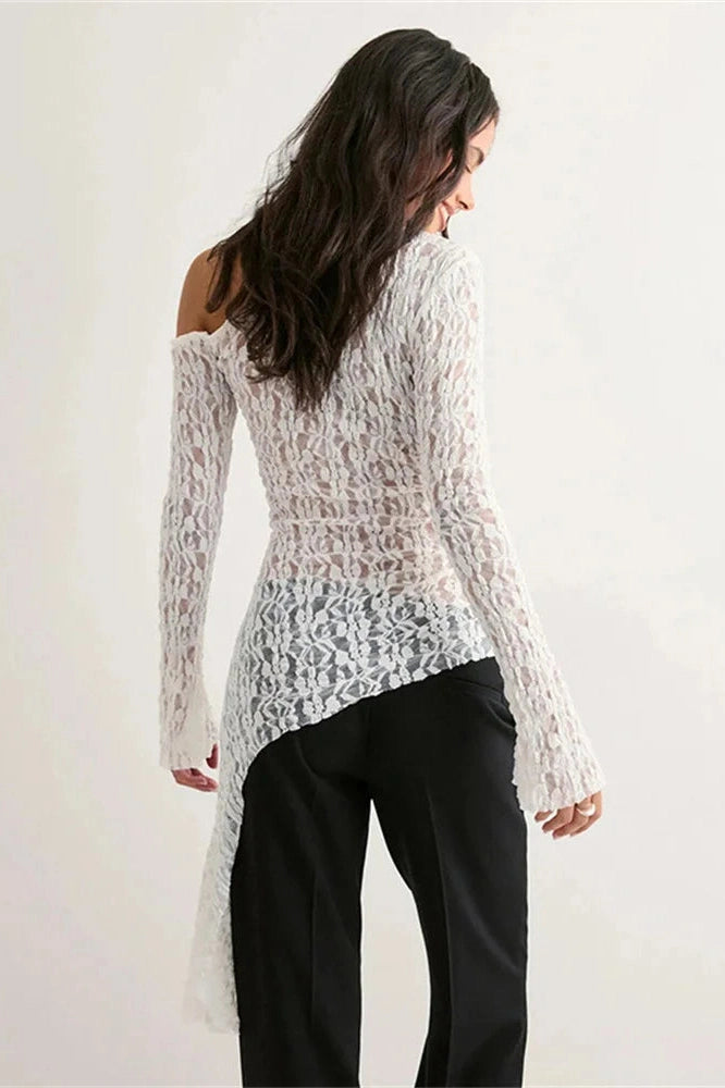 Glorol - Lace See-Through One-Shoulder Printed Top