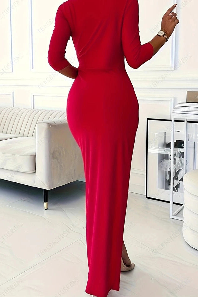 Glorol - Elegant Slim Long Sleeve Split V-Neck High Waist Pleated Maxi Dress