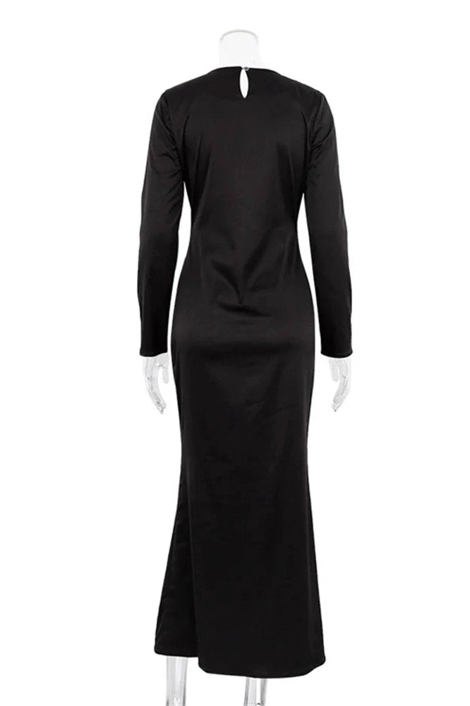Glorol - Hollow Out High Waist Slim Long Sleeve Zipper Maxi Dress