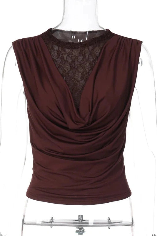 Glorol - Lace Hollow Out Sleeveless Printed Slim Top