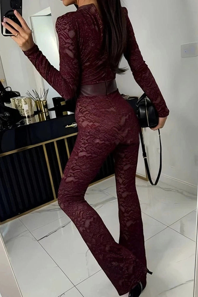 Glorol - Lace Print Long Sleeve Two Layer Jumpsuit