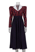 Glorol - Printed V-Neck Patchwork Long Sleeve High Waist Midi Dress