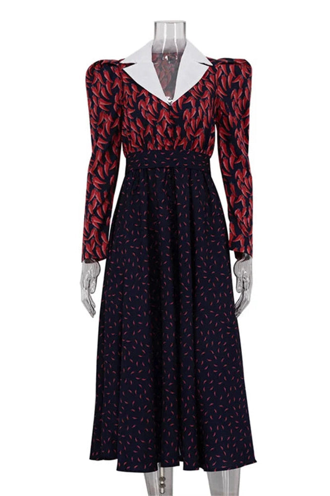Glorol - Printed V-Neck Patchwork Long Sleeve High Waist Midi Dress