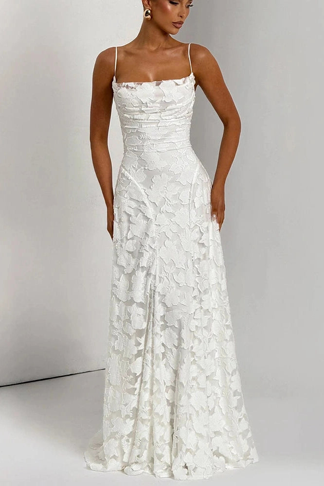 Glorol - Spaghetti Strap Backless Off-Shoulder Sleeveless Lace-Up Maxi Dress