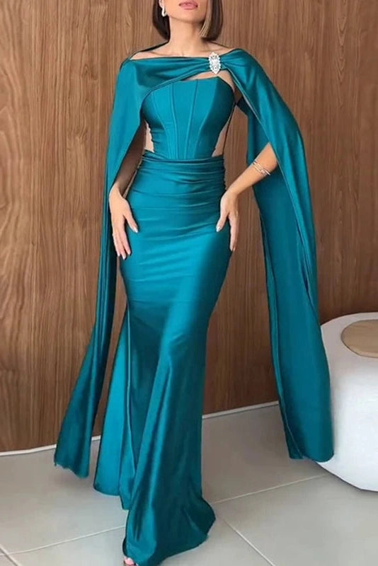 Glorol - Hollow Out Shawl Long Sleeve High Waist Pleated Maxi Dress