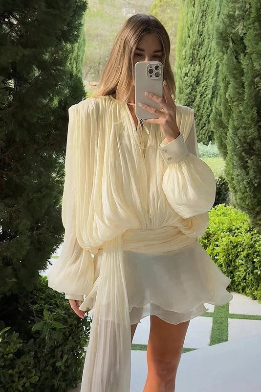 Glorol - Elegant Long Sleeve High Waist Lace-Up Mini Dress