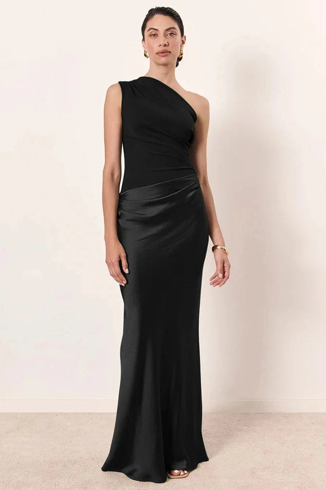 Glorol - Inclined Shoulder Patchwork Sleeveless Backless Bodycon Maxi Dress