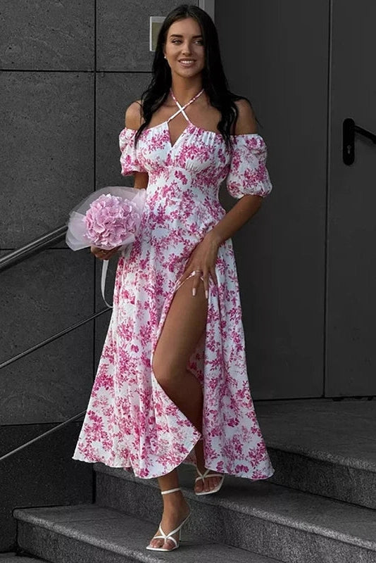 Glorol - Off Shoulder Floral Print Short-Sleeved Lace-Up Slit Maxi Dress
