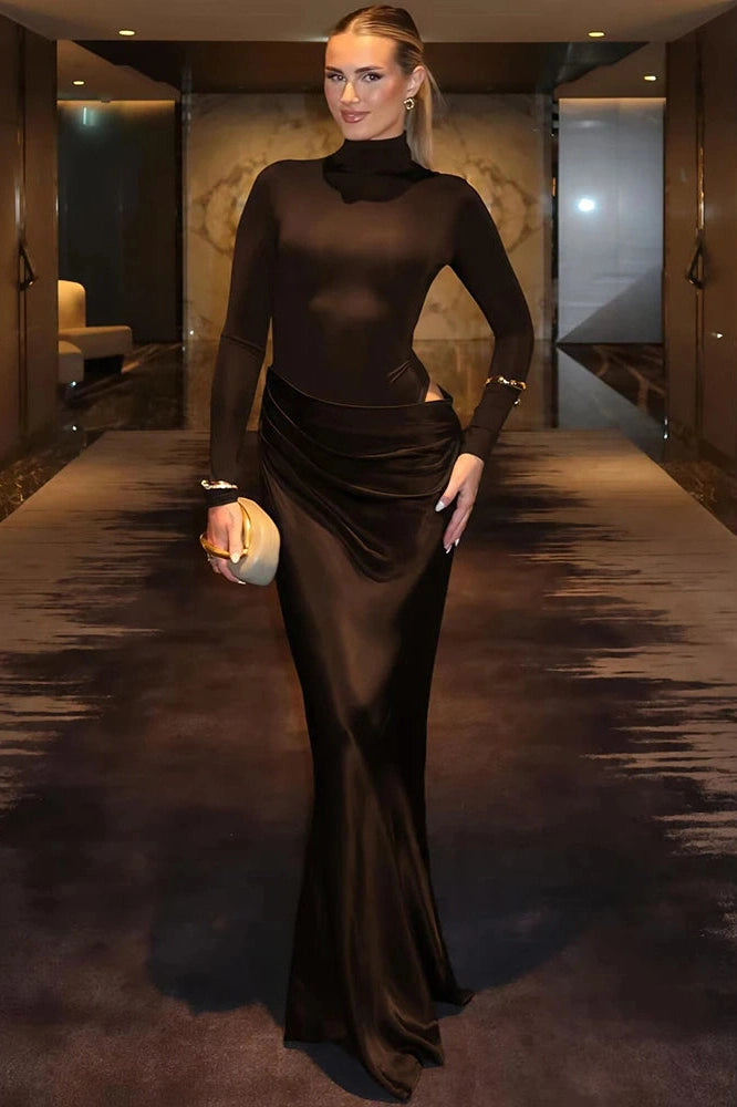 Glorol - Hollow Out Long Sleeve Turtleneck Bodycon Maxi Dress