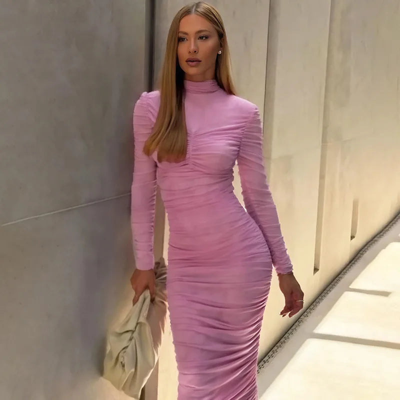 Glorol - Pleated Turtleneck Long Sleeve Slim Midi Dress