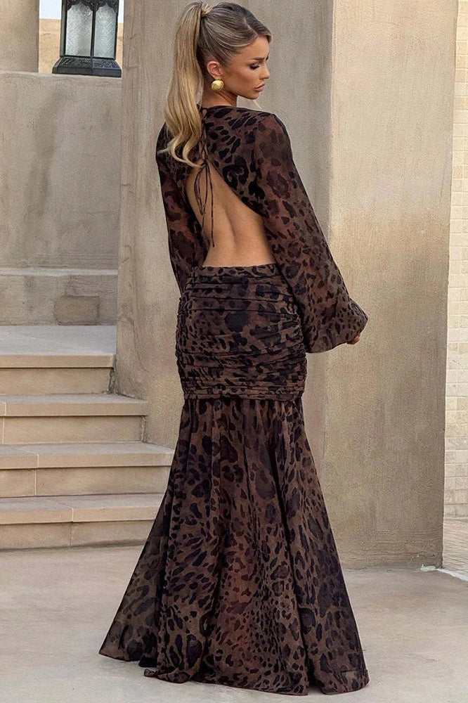 Glorol - Hollow Out Printed Long Sleeve Backless Bodycon Maxi Dress