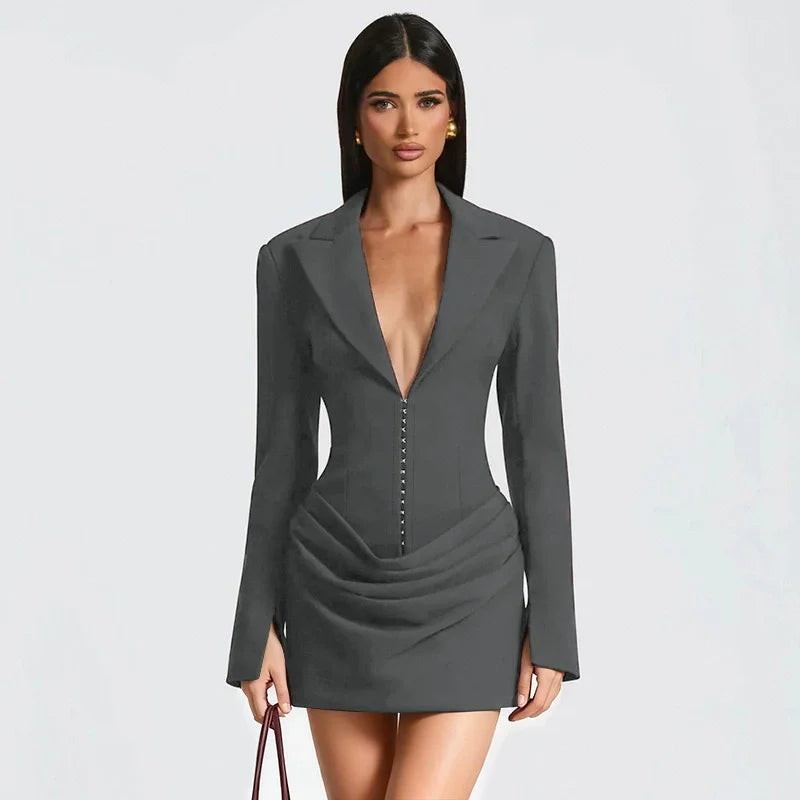 Glorol - Deep V Neck Long Sleeve High Waist Mini Dress