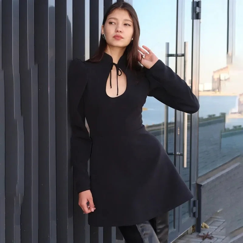 Glorol - Hollow Out Puff Sleeve Lace-Up Slim Mini Dress