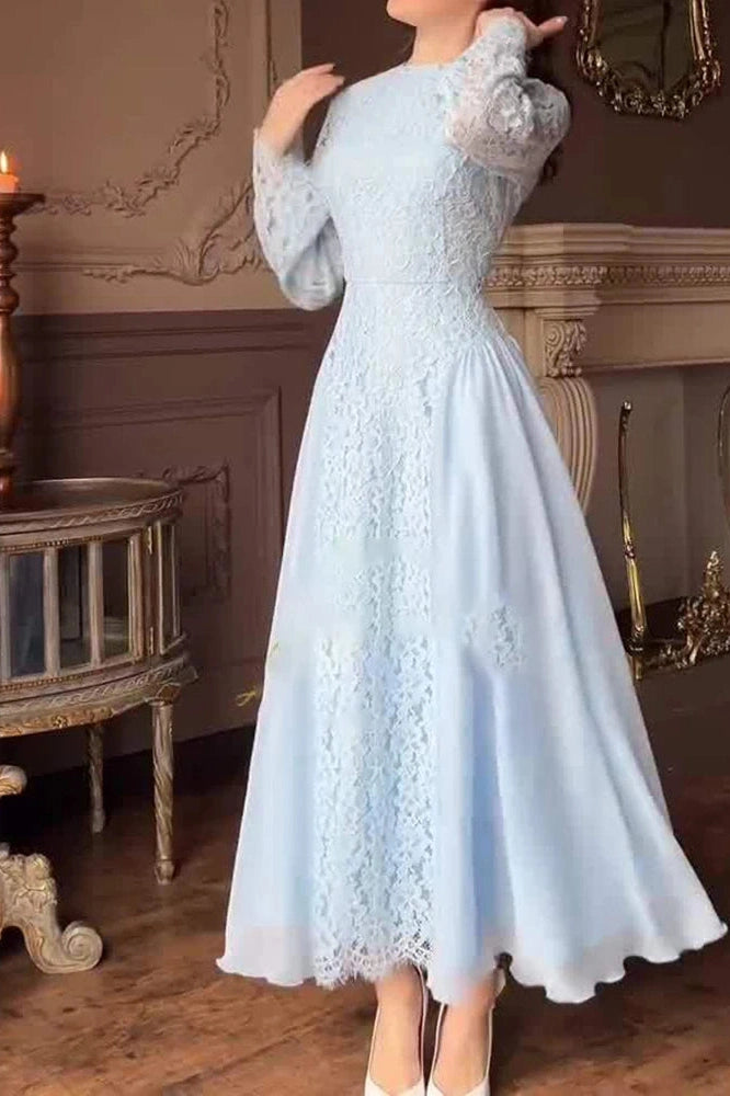 Glorol - O-Neck Long Sleeve Pleated High Waist Lace Maxi Dress