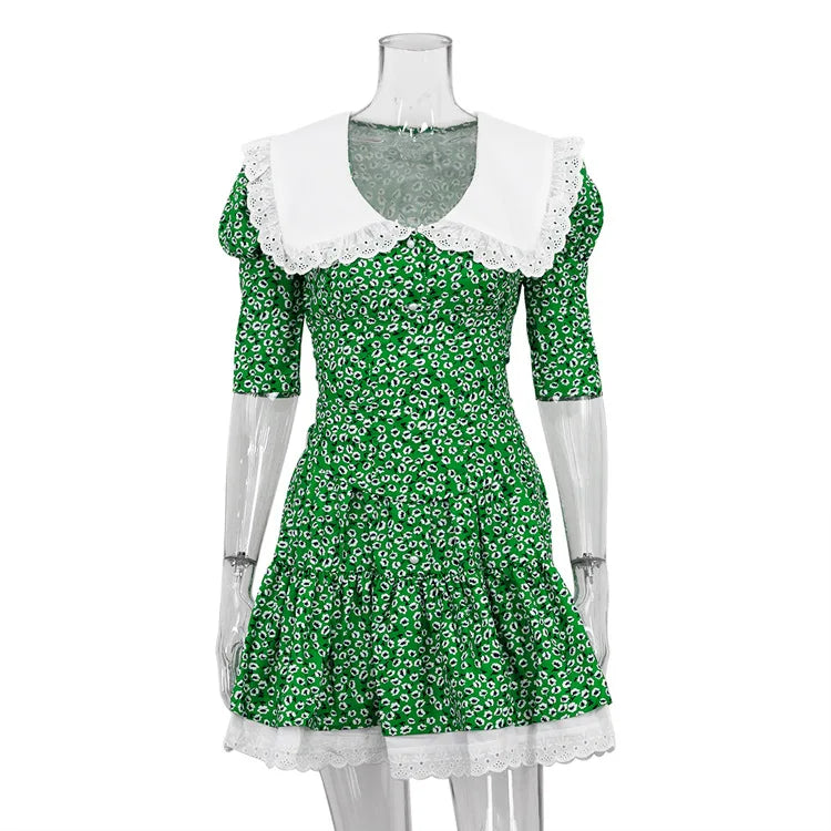 Glorol - Short Sleeve Lace High Waist Mini Dress