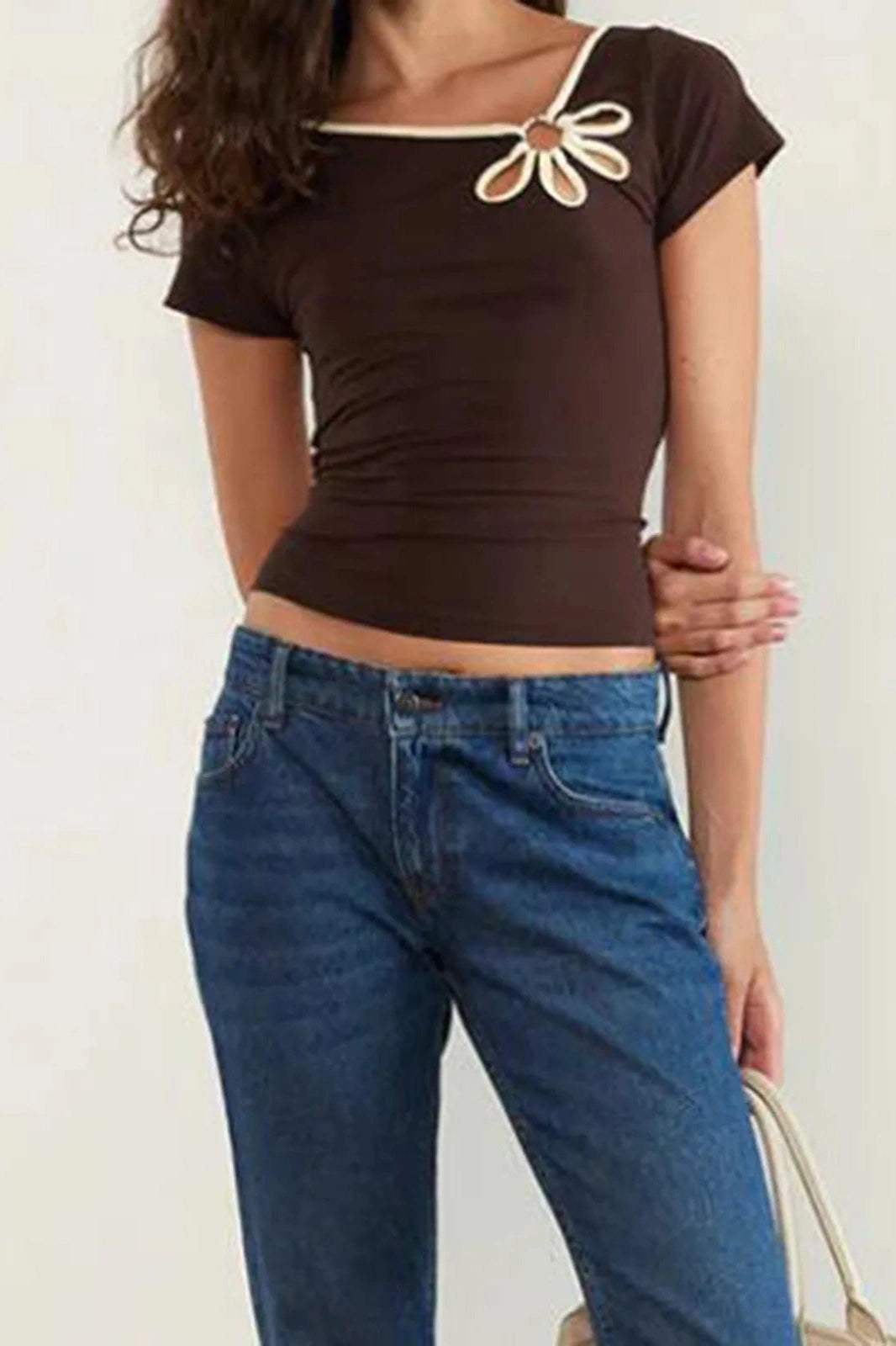 Glorol - Hollow-Out Short Sleeve Slim Fit Top