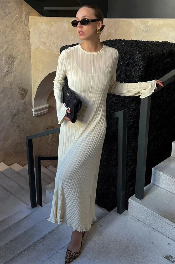 Glorol - Lace-Up High Waist Long Sleeve Maxi Dress