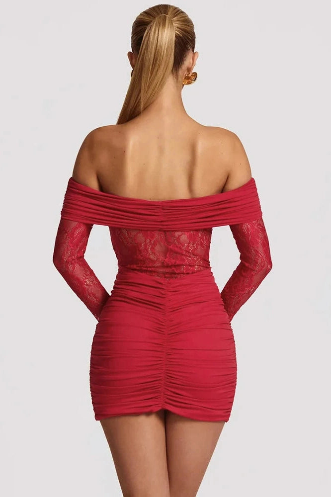 Glorol - Off-Shoulder Strapless Lace See Through Long Sleeve Mini Dress