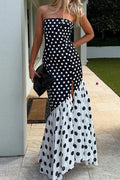 Glorol - Elegant Split Polka Dot Printed Strapless High Waist Maxi Dress