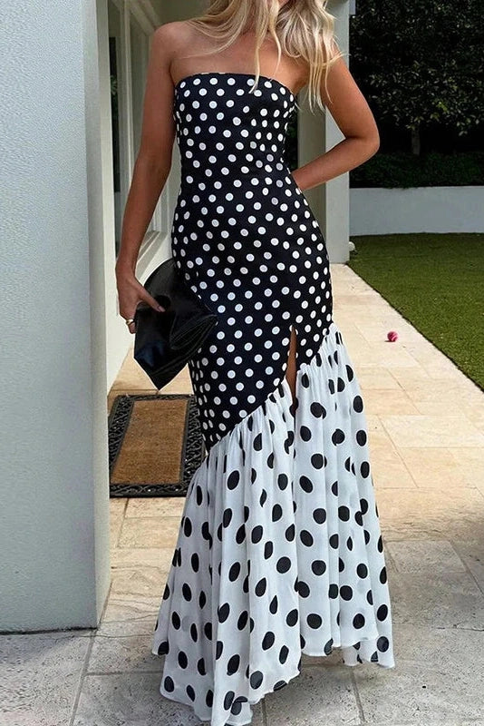 Glorol - Elegant Split Polka Dot Printed Strapless High Waist Maxi Dress