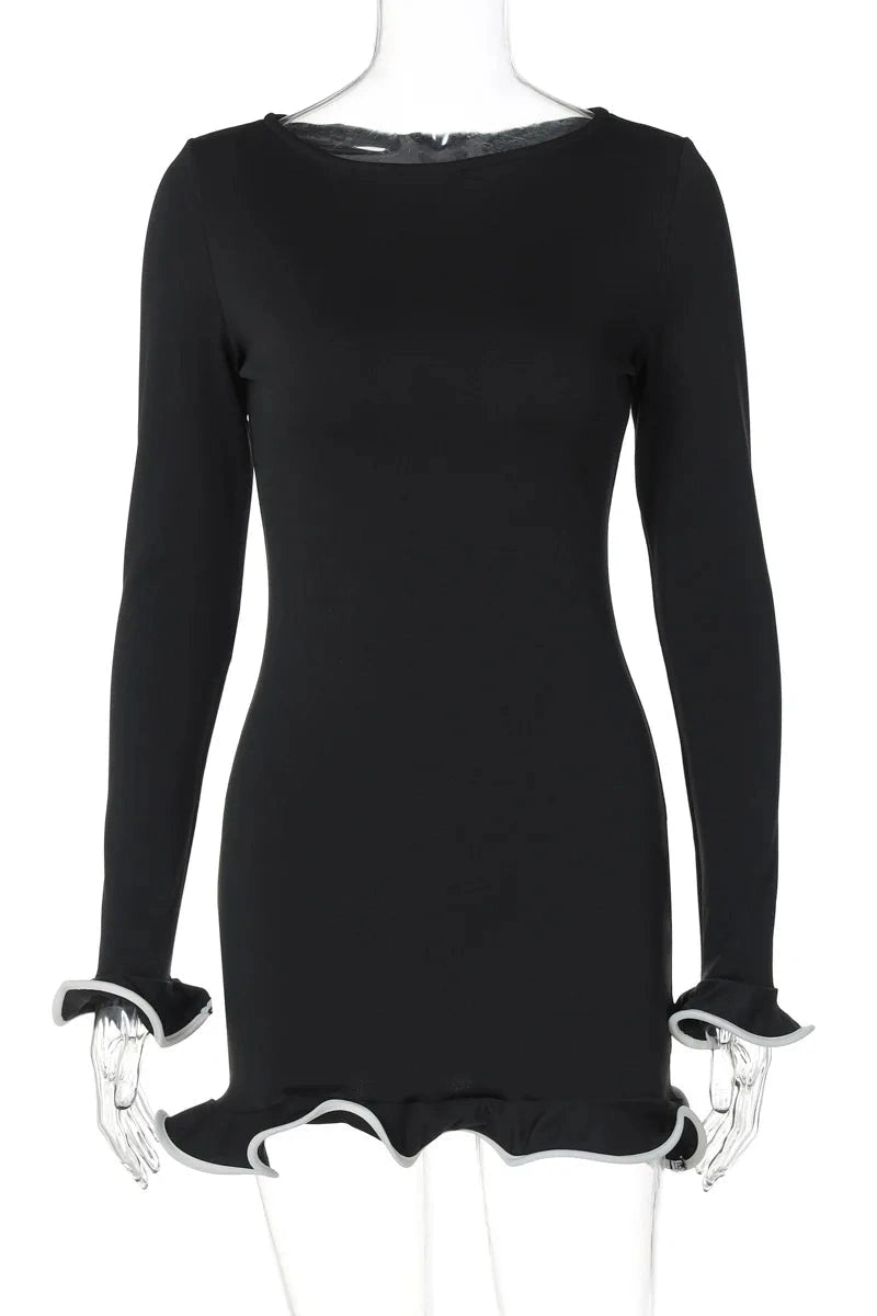 Glorol - Elegant Slim Fit Patchwork Long Sleeve Backless Midi Dress