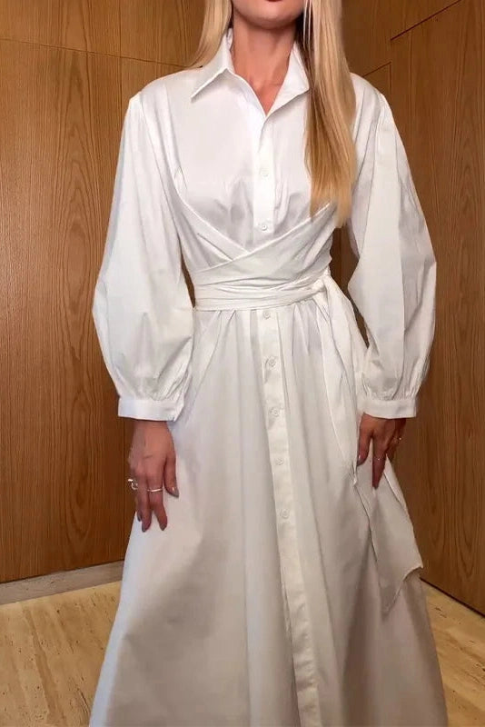 Glorol - Elegant Single Breasted Long Sleeve Tie-Up Midi Dress