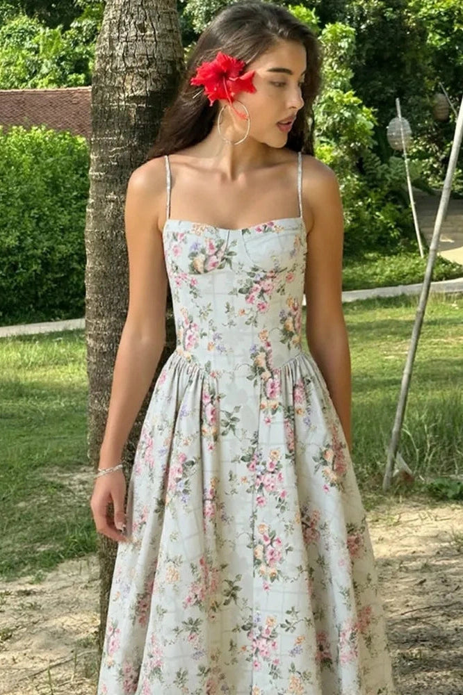 Glorol - Spaghetti Strap Printed Sleeveless A-Line High Waist Pleated Midi Dress