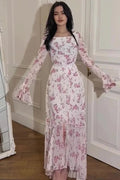 Glorol - Printed Long Sleeve High Waist Slim Irregular Maxi Dress