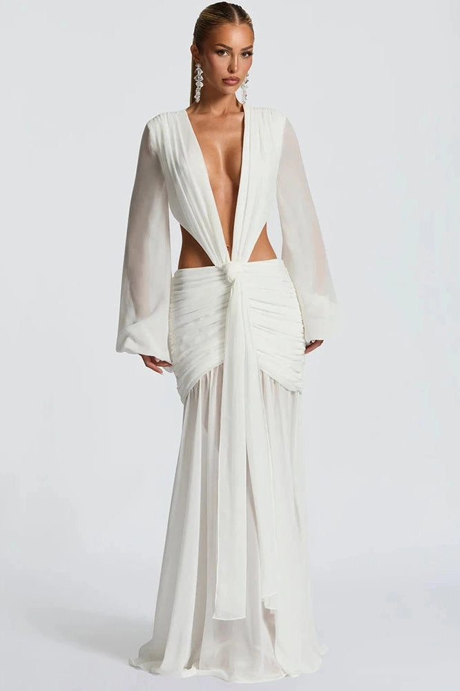 Glorol - Hollow Out Deep V Neck Long Sleeve Backless Maxi Dress