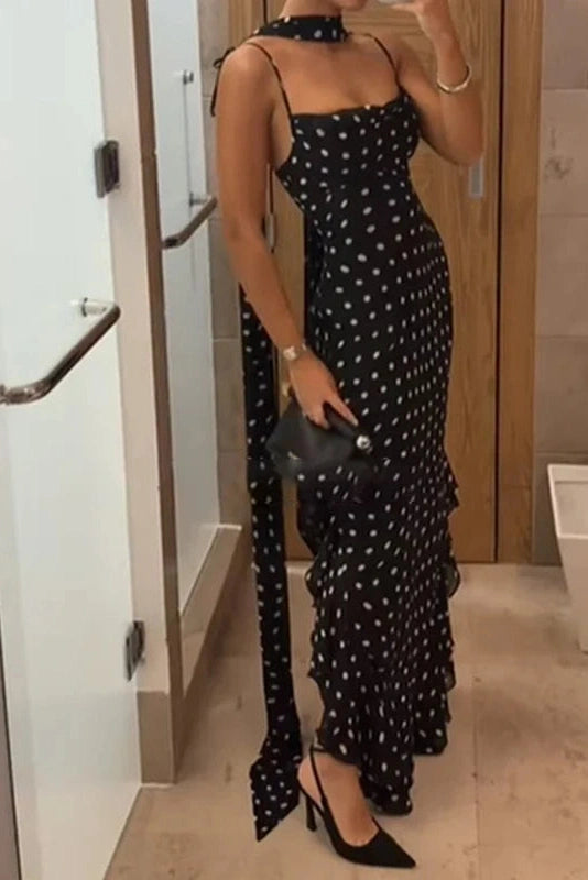 Glorol - Elegant Polka Dot Scarf Fit Backless Sleeveless Maxi Dress