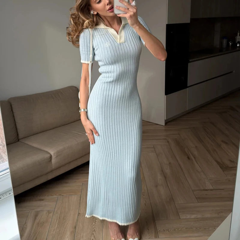 Glorol - Knitted Short Sleeve High Waist Maxi Dress