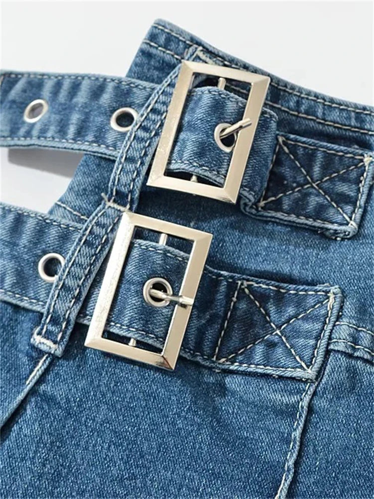 Glorol - Pleats Belt High Street Jeans Skirt
