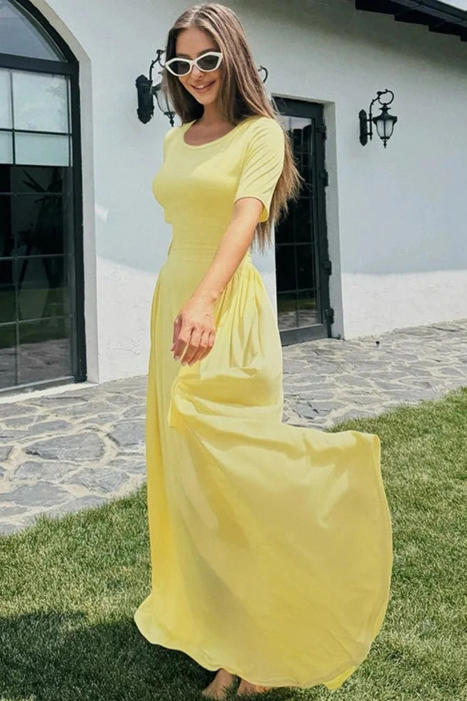 Glorol - Short Sleeve O Neck High Waist Pleated Maxi Dress