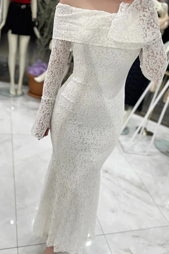 Glorol - Slash Collar Lace Embroidery High Waist Maxi Dress