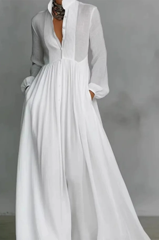 Glorol - Elegant Long Sleeve Pleated High Waist Maxi Dress
