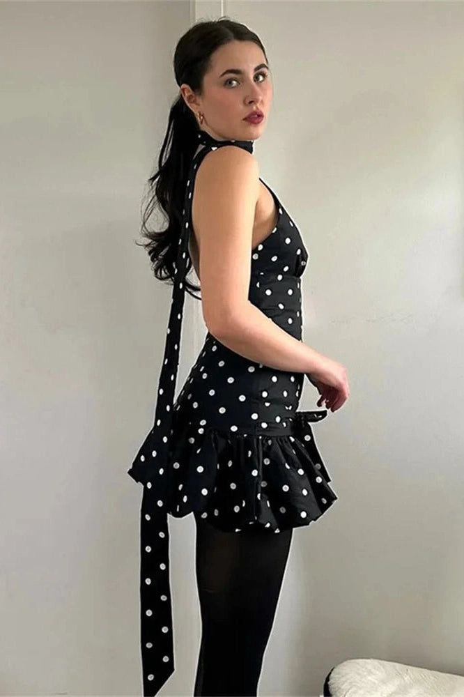 Glorol - Backless Lace-Up Patchwork Slim High Waist Mini Dress