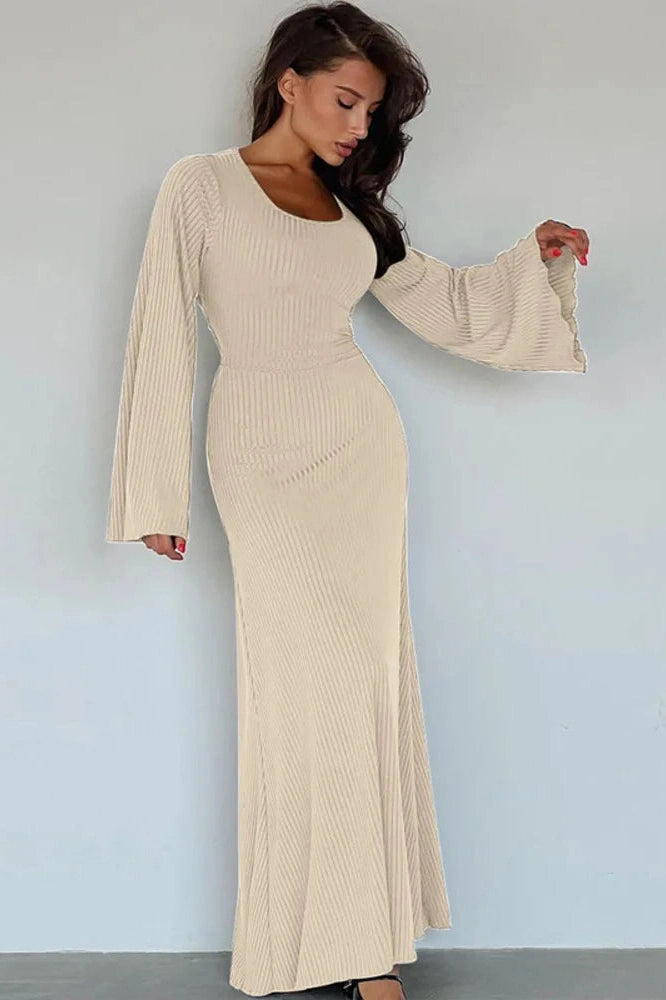 Glorol - Lace-up Long Sleeve Bodycon Maxi Dress