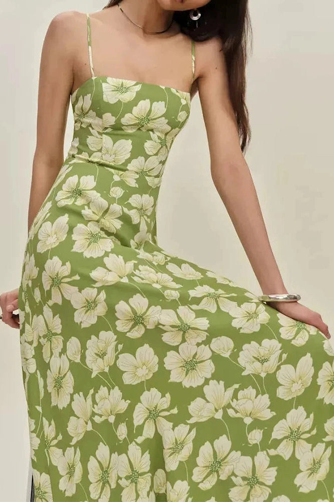 Glorol - Backless Fit Floral Printed Sleeveless High Waist Midi Dress